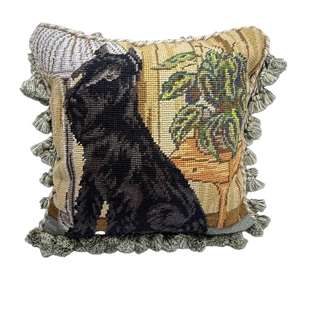 Vintage Scottie Dog Wool Needlepoint Pillow Velvet Tassel English Country 13x13